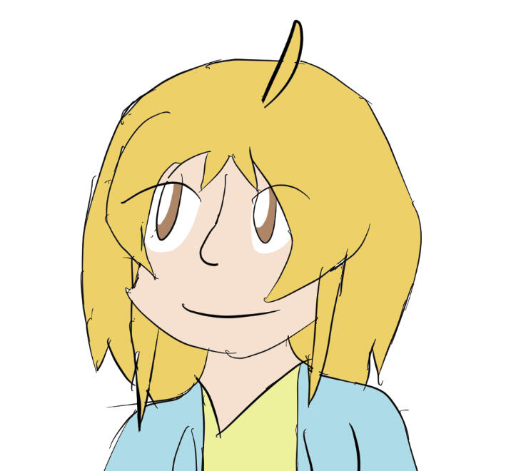 a cheerful looking girl with short blonde hair and brown eyes, looking happily into the distance.